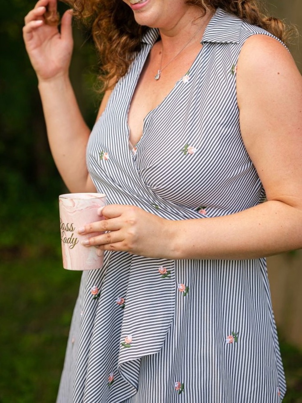 Calvin Klein Navy and White Striped Wrap Dress with Pink Floral Embroidery